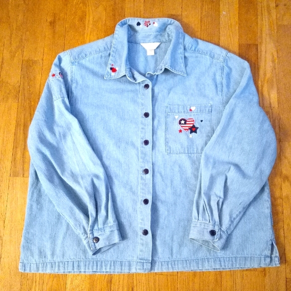 CHRISTOPHER & BANKS - Patriotic Embroidered Denim Light Wash Button Up Jacket - Picture 2 of 13
